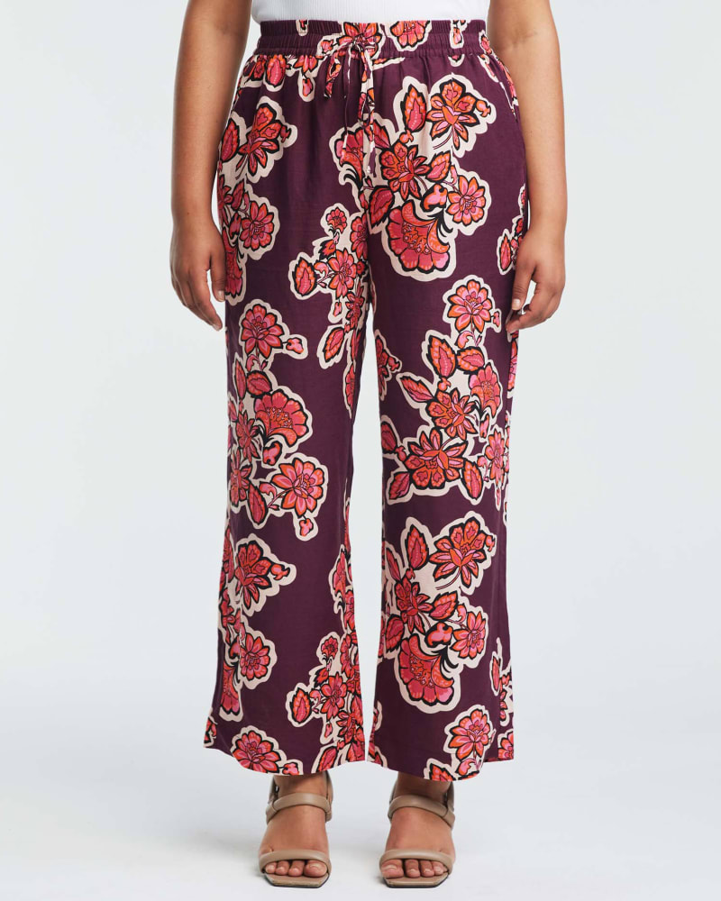 Front of a model wearing a size 16W Jasmin Pant in Rose/Plum by Estelle. | dia_product_style_image_id:344523